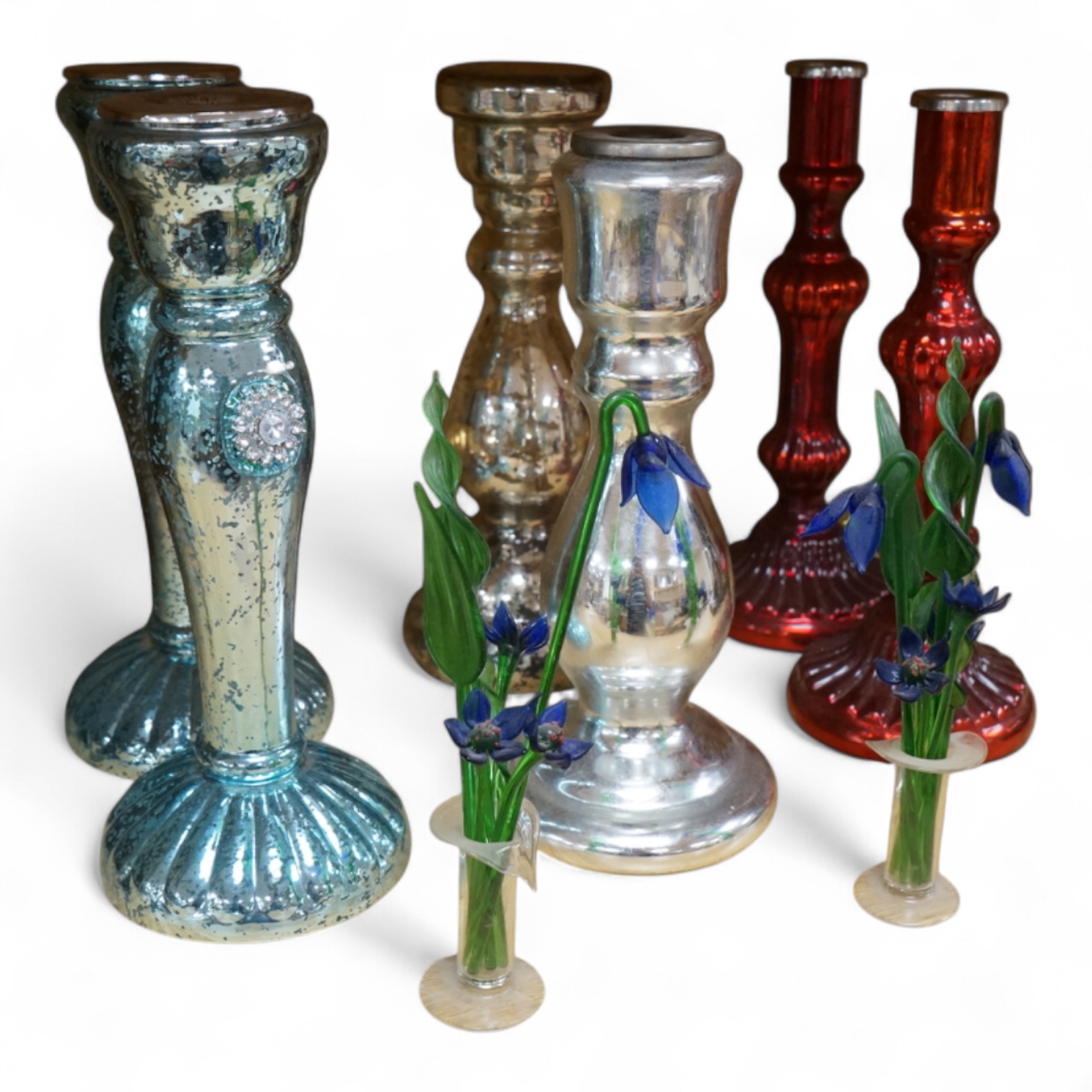Three pairs of mirrored glass candlesticks and two small glass floral displays, largest 26cm high